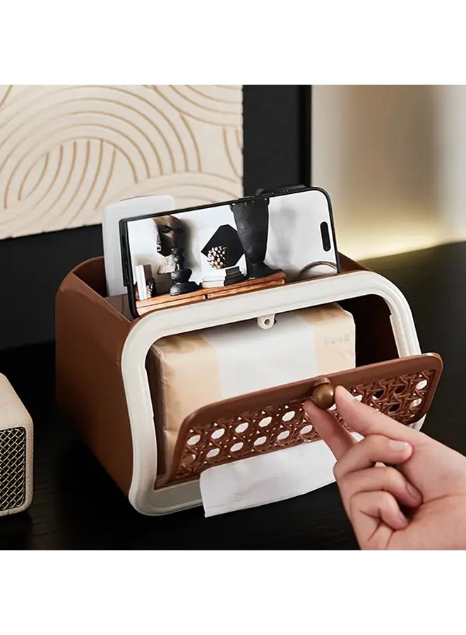 صندوق تخزين مكتبي بمظهر الروطان المزدوج الشبكي الداكن بأسلوب رجعي مع حامل للمناديل وحامل للريموت - Image 5